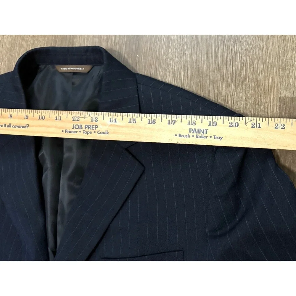 Merona 44R 2PC Suit Blazer Men Pants 36x30 Poly Blend Deep Navy Blue Gray Stripe